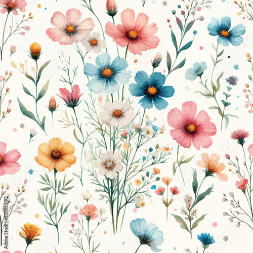 Cute feminine watercolor seamless pattern with wildflowers. hand drawn © MdAbdullah