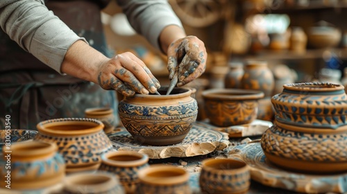 Artisanal Craft Workshop:artists working on handmade products like pottery, photo