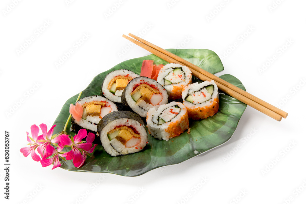 sushi rolls on a green plate with chopstick isolated on white sushi rolls on a green plate with chopstick isolated on white