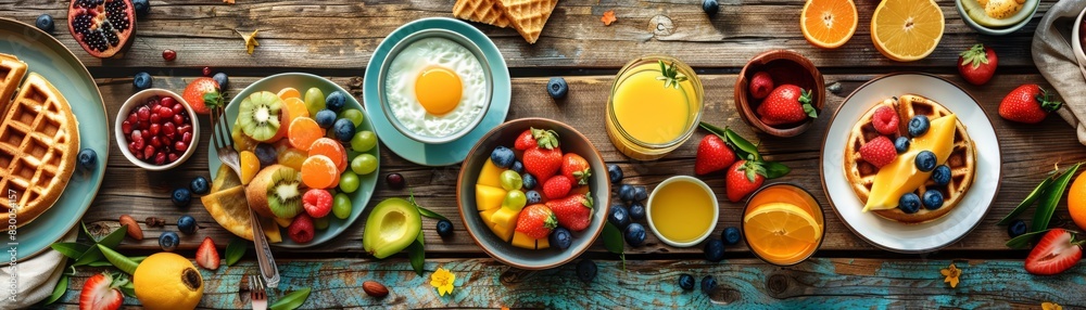 A surreal topview scene of a breakfast spread with items like eggs A surreal topview scene of a breakfast spread with items like eggs