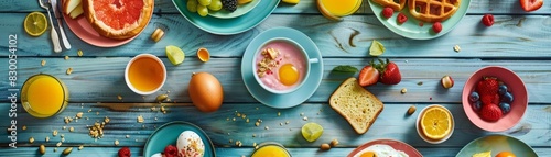 A surreal topview scene of a breakfast spread with items like eggs photo