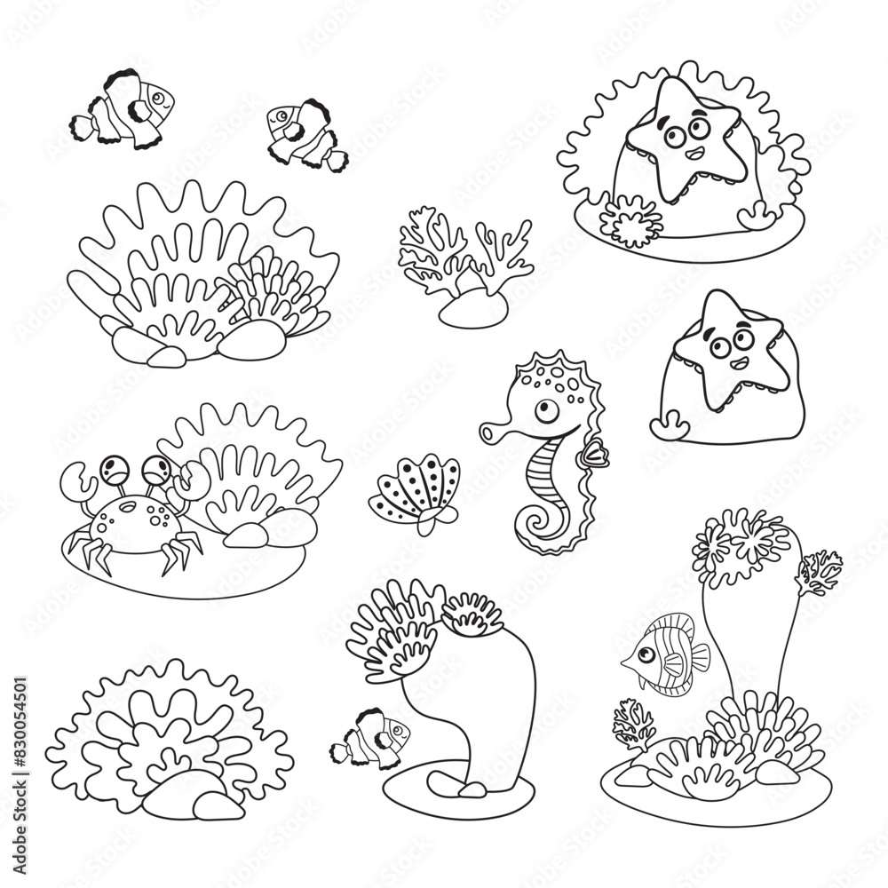Marine set, anemones, algae and coral in a simple cartoon style. Color graphics for books and posters. children guides. black and white image Marine set, anemones, algae and coral in a simple cartoon style. Color graphics for books and posters. children guides. black and white image