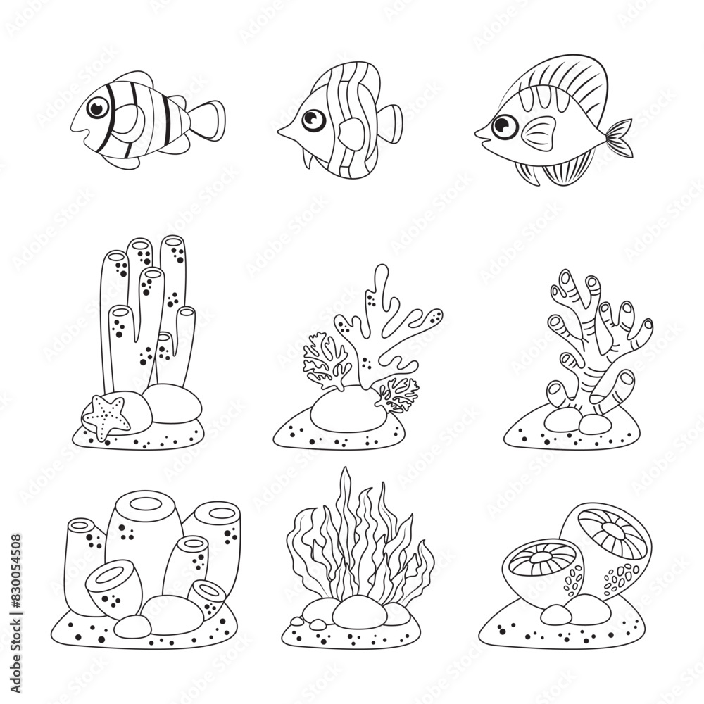 Marine set, anemones, algae and coral in a simple cartoon style. Color graphics for books and posters. children guides.