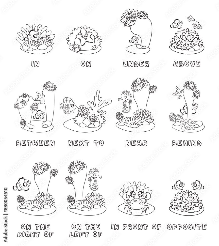 English pretexts with cute fish. Nemo fish behind, above, near and under anemone, coral and stone. Black white image. Learning words kids education set. Comic character with ball for learning visual English pretexts with cute fish. Nemo fish behind, above, near and under anemone, coral and stone. Black white image. Learning words kids education set. Comic character with ball for learning visual