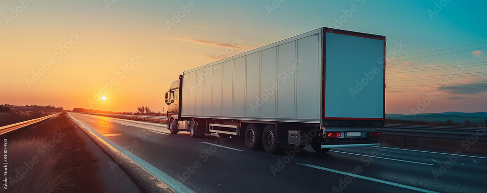 Refrigerated truck on highway, transporting perishables, background with empty space for text Refrigerated truck on highway, transporting perishables, background with empty space for text