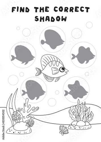 Mini games for children. preschoolers. Find the right shadow. Photo with cartoon fish. Games 3-4 years. Mini games for children. preschoolers. Development of logic in children. black and white image