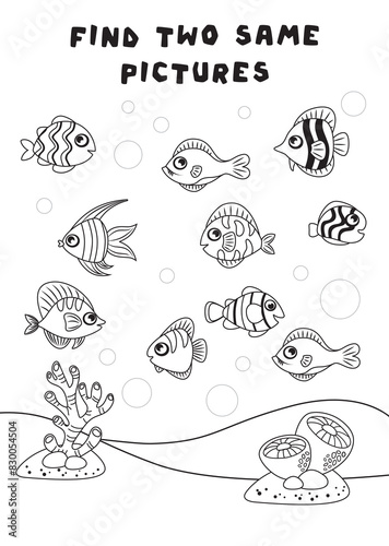 Mini-games for children. preschoolers. Find a couple of fish. Picture with cartoon fish. Games 3-4 years old. Mini-games for children. Logic development in children. black and white image