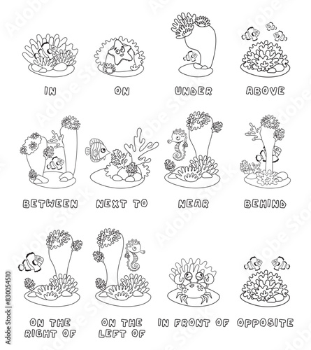 English pretexts with cute fish. Nemo fish behind, above, near and under anemone, coral and stone. Black white image. Learning words kids education set. Comic character with ball for learning visual 