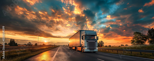 Refrigerated truck transporting perishable goods along highway at sunrise  photo