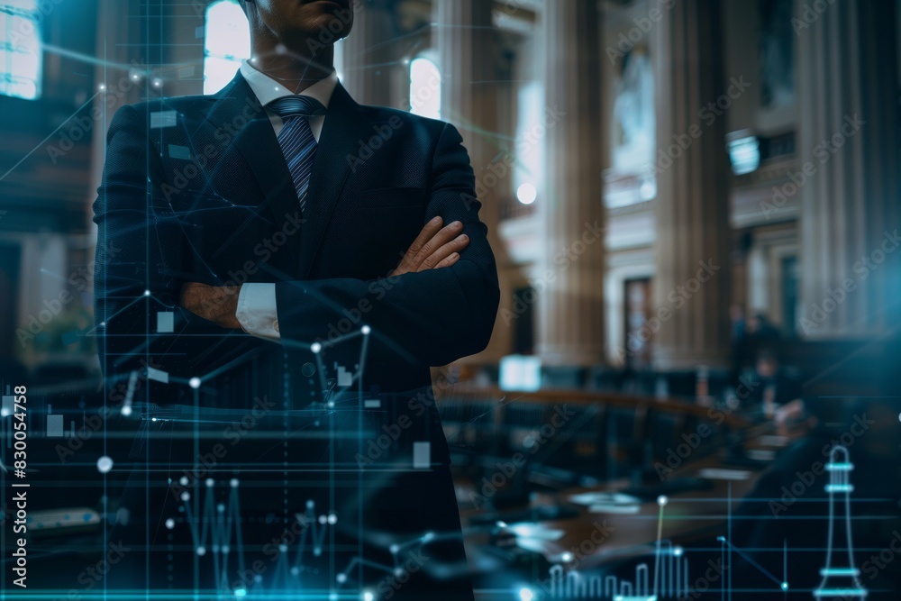 Fototapeta premium Futuristic Concept: Politician with policy impact analysis tools, in government office, legislation and public opinion data visualized. Political tech, policy analytics. , background blur