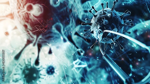 Medical tools intertwined with virus illustration. Double exposure image depicts the convergence of medical practice and infectious disease control. © Kittipong