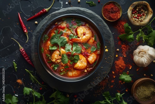 A topview scene of a steaming bowl of spicy shrimp soup