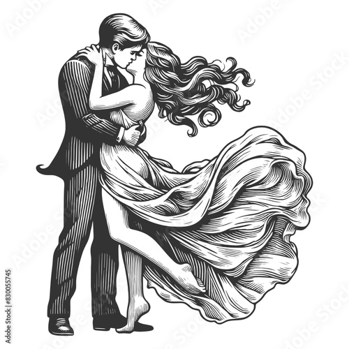 vintage couple in a loving embrace sharing passionate kiss, romance of bygone era sketch engraving generative ai fictional character vector illustration. Scratch board imitation. Black and white image