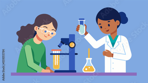 One student carefully balances a test tube on a test tube rack while another adjusts the focus on a highpowered microscope to peer at a sample on a slide.. Vector illustration