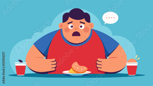 A man with a frustrated expression as he tries to control his insatiable hunger caused by overexercising leading to binge eating and weight gain instead of weight loss.. Vector illustration