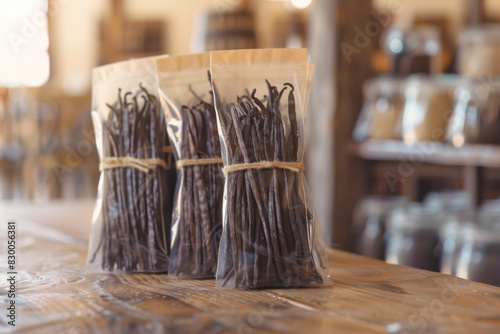 Packaged Vanilla Products Ready for Distribution on Wooden Table in Rustic Kitchen Setting