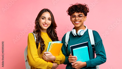 JOVEM ESTUDANTE SORRINDO SEGURANDO LIVROS E CADERNOS EM UM CONCEITO DE VOLTA ÀS AULAS E ENSINO SUPERIOR, UNIVERSITÁRIO E PREPARATÓRIO PARA CONCURSO PÚBLICO photo