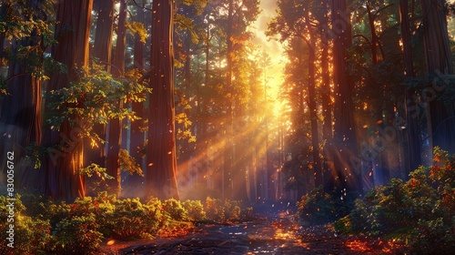 A photo of an ancient forest with towering redwoods  a morning sky with golden sunlight and dew-covered leaves in the background