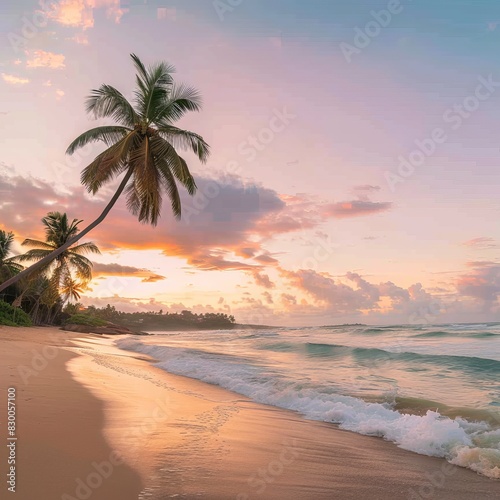 A tropical beach during summer with golden sands, clear blue water, and gentle waves under a vibrant sunset sky. Palm trees sway gently in the breeze, creating a perfect vacation paradise.