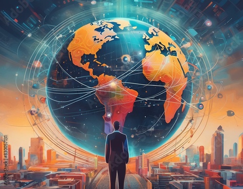 Man with his back turned is looking at a looming large globe. The Earth is hovering above a city landscape in the colorful illustration.