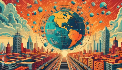 The Earth hovers over a city with asteroids floating in the sky in this colorful illustration.