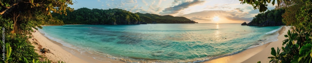 Naklejka premium A panoramic shot of a tropical paradise beach with crystal-clear turquoise water, white sandy shores, and lush greenery. The sun sets in the background, creating a warm, inviting atmosphere.