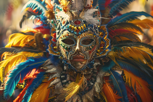 Dominican Carnival Costume with Colorful Mask and Elaborate Adornments in Festive Parade