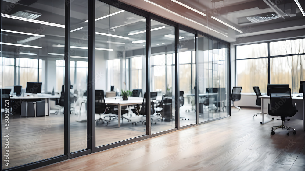 Beautiful blurred background of a modern office interior in gray tones with panoramic windows, glass partitions and orange color accents. Generative AI