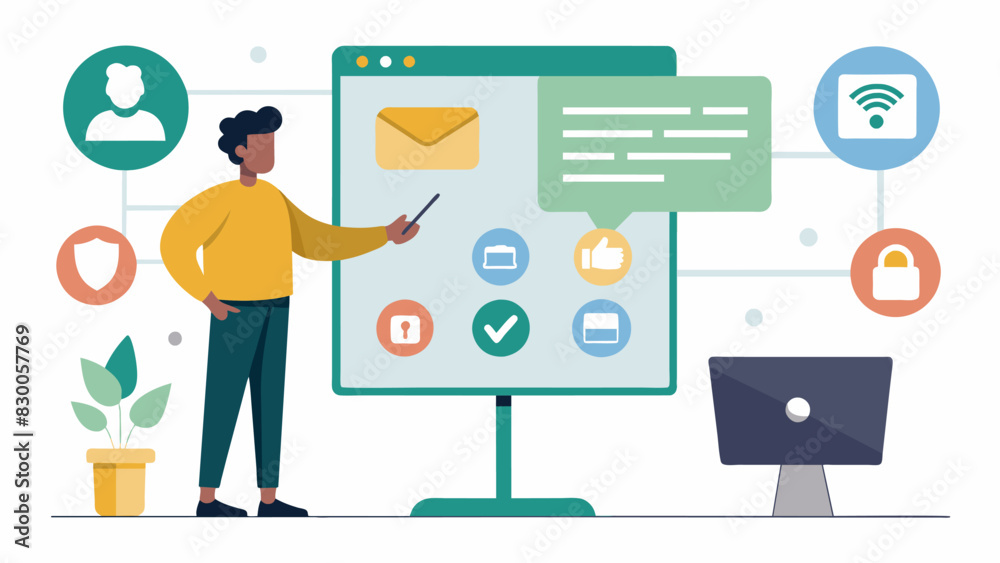 A student in front of a large interactive whiteboard dragging and dropping different icons to create a fake online identity as part of a lesson on digital footprints.. Vector illustration A student in front of a large interactive whiteboard dragging and dropping different icons to create a fake online identity as part of a lesson on digital footprints.. Vector illustration