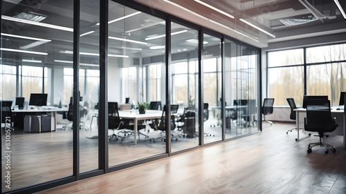 Beautiful blurred background of a modern office interior in gray tones with panoramic windows  glass partitions and orange color accents. Generative AI