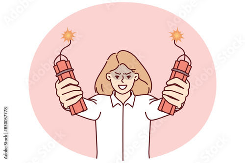 Angry businesswoman holding dynamite in hands threatening to make explosion because of poor performance company employees. Dynamite in hands of businesswoman symbolizes bad management and use threats