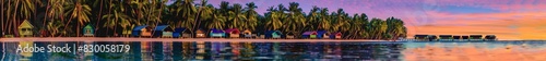 A tropical island beach at sunset, with colorful beach huts lining the shore and palm trees swaying in the breeze. The vibrant colors of the sky reflect off the clear blue water, creating a magical