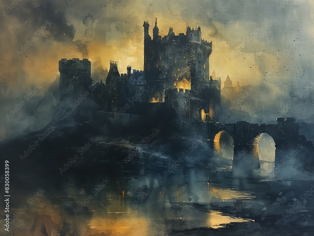 Fototapeta premium Castle towers, whispers of the past, dark blues, blacks, grays, watercolor painting