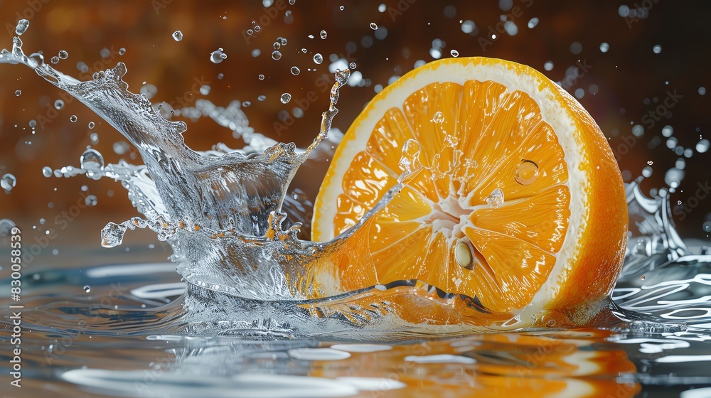 Citrus slice splashing into clear water, vibrant orange, highresolution, digital art, dynamic and fresh Citrus slice splashing into clear water, vibrant orange, highresolution, digital art, dynamic and fresh