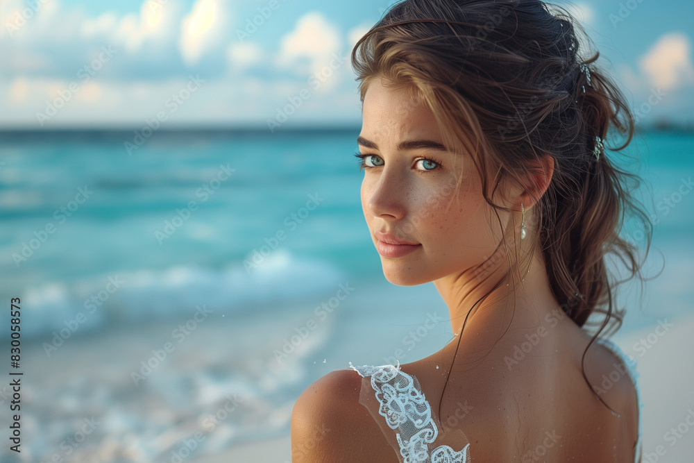 Portrait of a woman in a wedding dress on the beach