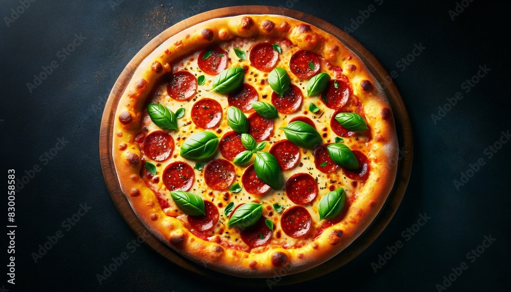 A mouthwatering pizza with a golden crust, melted cheese, pepperoni, and fresh basil on a black background A mouthwatering pizza with a golden crust, melted cheese, pepperoni, and fresh basil on a black background