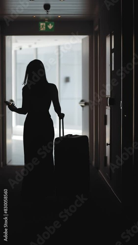 Luxurious woman, lady walks along a long minimalist corridor of a hotel in the lobby, arrival, tourism, phone in hand, money, business, luxury, VIP, luggage at the airport, vertical video