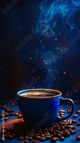 Steamy coffee cup  scattered beans  high contrast scene  vivid lights and darks  eyelevel angle  ample copy space