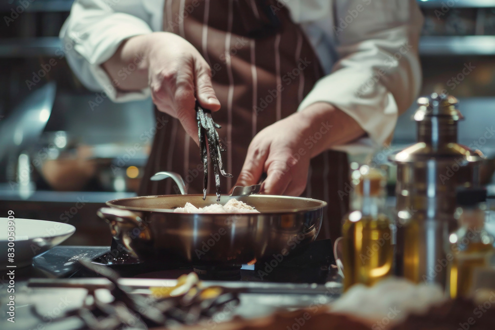 Professional Kitchen with Chef Preparing Vanilla-Based Desserts with Visible Vanilla Pods and Extract Bottles Professional Kitchen with Chef Preparing Vanilla-Based Desserts with Visible Vanilla Pods and Extract Bottles