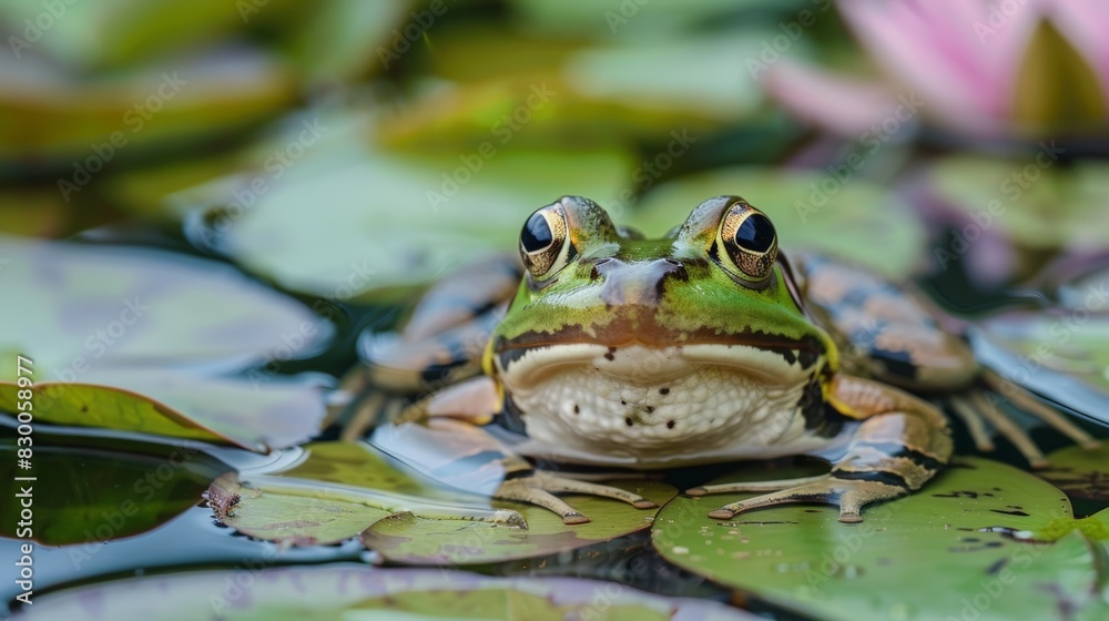 A close-up of a frogs bulging eyes and wide grin, camouflaged amongst lily pads A close-up of a frogs bulging eyes and wide grin, camouflaged amongst lily pads
