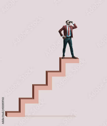 Fotografie Businessman looks through binoculars. Art collage.