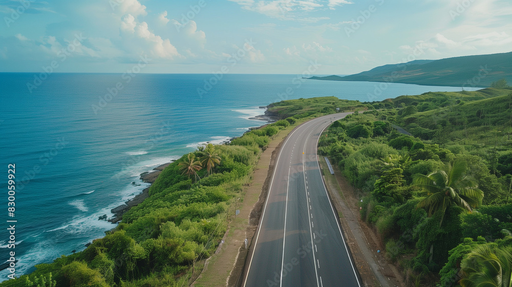 Magazine photography, aerial photography. Beautiful shot of a coastal highway in tropical countryside. Shot at noon in the summertime. Drone photo Magazine photography, aerial photography. Beautiful shot of a coastal highway in tropical countryside. Shot at noon in the summertime. Drone photo