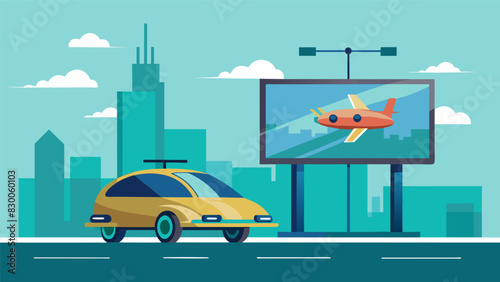 A sleek unmanned aerial taxi glides past a billboard advertising the latest autonomous vehicle technology.. Vector illustration