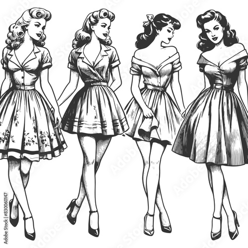 pin-up girls lined up, each dressed in distinct, stylish outfits and heels, capturing classic charm sketch engraving generative ai fictional character vector illustration. Black and white image.