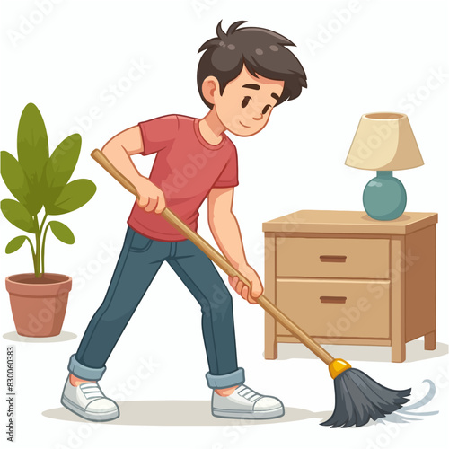 Cartoon Art of Boy Sweeping The Floor