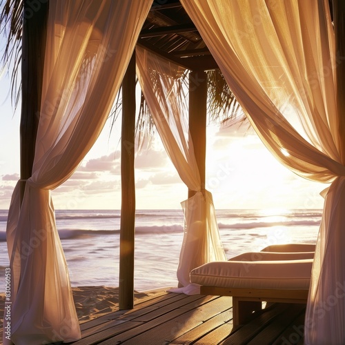 A beach cabana with white curtains billowing in the breeze  overlooking the ocean at sunset. The tropical paradise setting is perfect for relaxation and enjoying the beauty of nature.