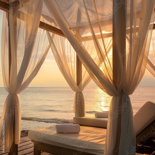 A beach cabana with white curtains billowing in the breeze  overlooking the ocean at sunset. The tropical paradise setting is perfect for relaxation and enjoying the beauty of nature.