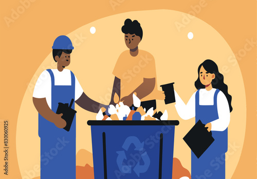 Three people are working together to sort through trash