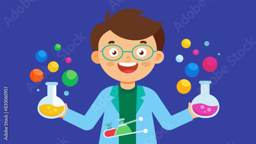 A student clutches a handful of brightly colored chemical compounds a grin spreading across their face as they prepare to mix and create their own unique experiment.. Vector illustration