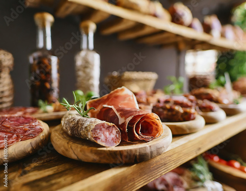 Traditional sliced prosciutto and salami on wooden stand in a row in local market stand. Traditional Italian wine appetizer. photo